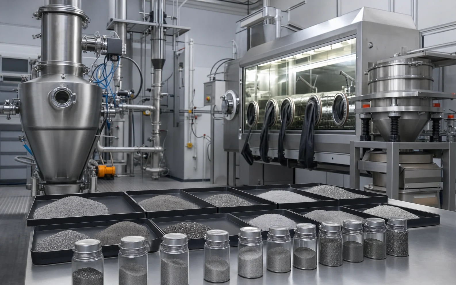 Protected-atmosphere metal powder preparation and screening